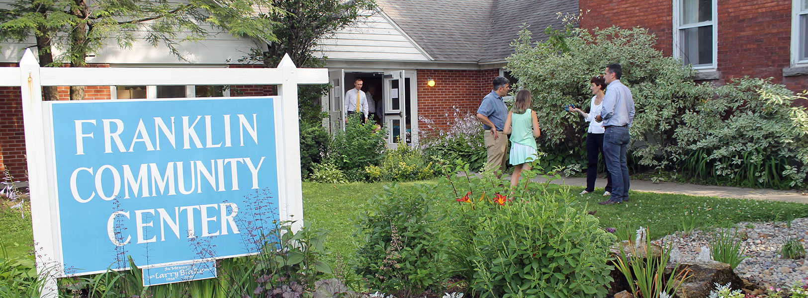 People outside the Franklin Community Center in Saratoga Springs
